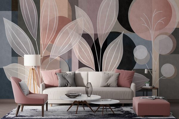 Fototapety stylizované listy na geometrickém pozadí v pudrových a tmavých odstínech, Tapety Unikátní, w05987v1 : uwalls.cz