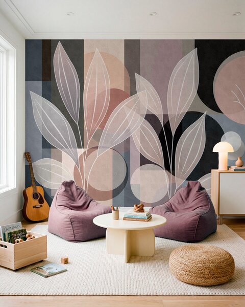 Fototapety stylizované listy na geometrickém pozadí v pudrových a tmavých odstínech, Tapety Unikátní, w05987v1 : uwalls.cz