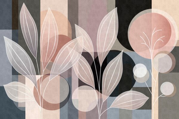 Fototapety stylizované listy na geometrickém pozadí v pudrových a tmavých odstínech, Tapety Unikátní, w05987v1 : uwalls.cz