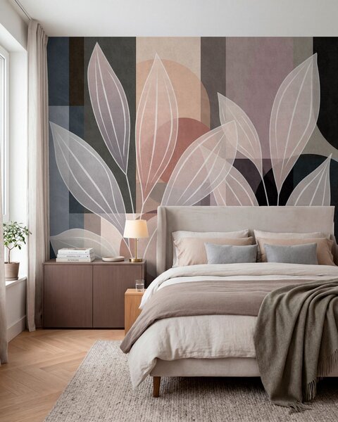 Fototapety stylizované listy na geometrickém pozadí v pudrových a tmavých odstínech, Tapety Unikátní, w05987v1 : uwalls.cz