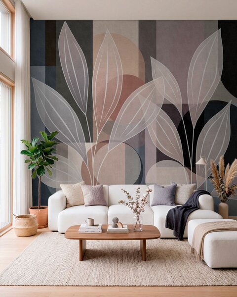 Fototapety stylizované listy na geometrickém pozadí v pudrových a tmavých odstínech, Tapety Unikátní, w05987v1 : uwalls.cz