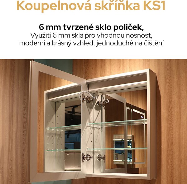 Koupelnová skříňka jednodvěřová se zrcadlem a LED osvětlením KS1