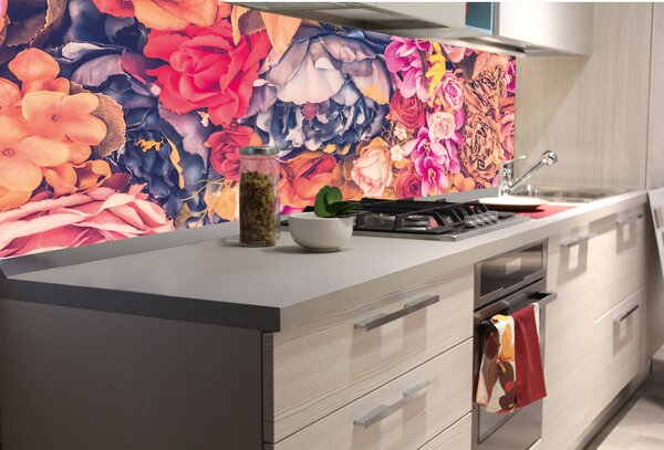 DIMEX | Fototapeta do kuchyně Květinové zátiší KI-180-178 | 180 x 60 cm | růžová, meruňková, modrá, oranžová