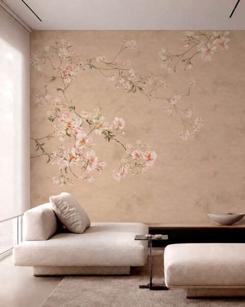 Fototapety Květinové větve ve stylu chinoiserie na teplém béžovém pozadí, Fototapety vintage, w05427v2 : uwalls.cz