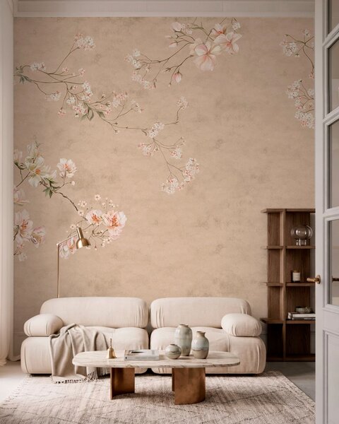 Fototapety Květinové větve ve stylu chinoiserie na teplém béžovém pozadí, Fototapety vintage, w05427v2 : uwalls.cz