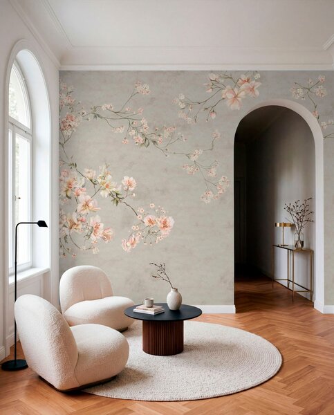 Fototapety Květinové větve ve stylu chinoiserie na šedém pozadí, Fototapety vintage, w05427v1 : uwalls.cz