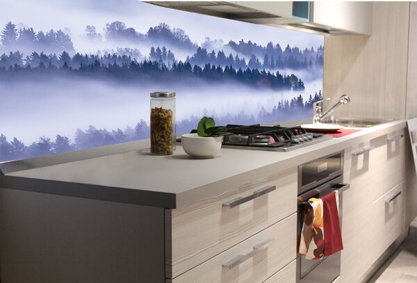DIMEX | Fototapeta do kuchyně Mlha mezi stromy KI-180-195 | 180 x 60 cm | šedá, modrá, černá