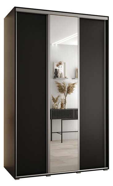 Šatní skříň s posuvnými dveřmi a zrcadlem DAVOS 160cm | Černá / stříbrné pojezdy