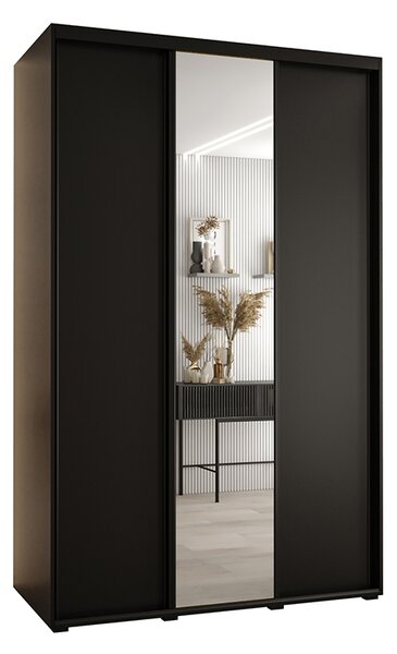 Šatní skříň s posuvnými dveřmi a zrcadlem DAVOS 160cm | Černá / černé pojezdy