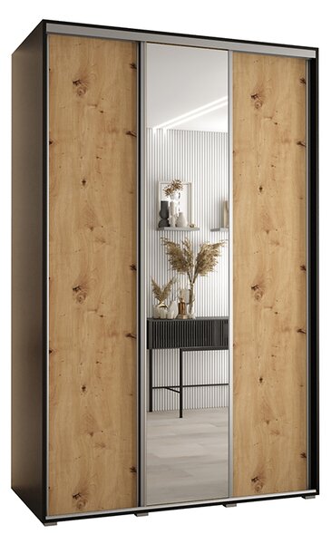 Šatní skříň s posuvnými dveřmi a zrcadlem DAVOS 160cm | Černá / DUB Artisan / stříbrné