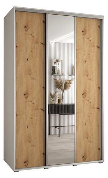 Šatní skříň s posuvnými dveřmi a zrcadlem DAVOS 160cm | Bílá / DUB Artisan / stříbrné