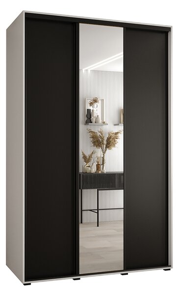 Šatní skříň s posuvnými dveřmi a zrcadlem DAVOS 160cm | Bílá / černá / černé pojezdy