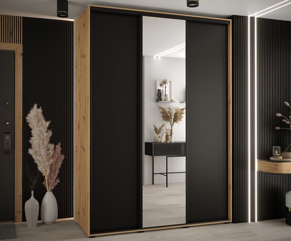 Šatní skříň s posuvnými dveřmi a zrcadlem DAVOS 170cm |DUB Artisan / černá / černé pojezdy