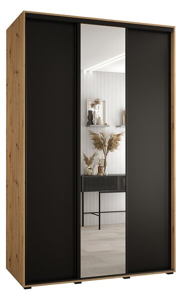 Šatní skříň s posuvnými dveřmi a zrcadlem DAVOS 160cm |DUB Artisan / černá / černé pojezdy