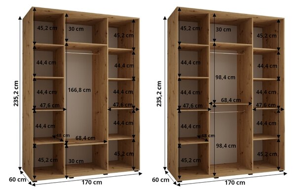 Šatní skříň s posuvnými dveřmi a zrcadlem DAVOS 5, 170cm | DUB Artisan / bílá / stříbrné
