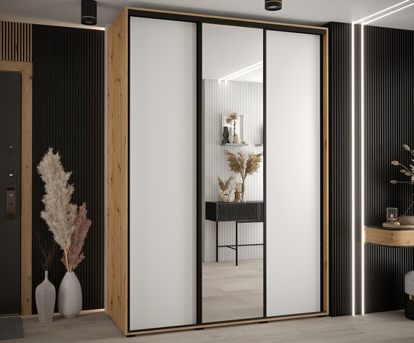 Šatní skříň s posuvnými dveřmi a zrcadlem DAVOS 170cm | DUB Artisan / bílá / černé pojezdy