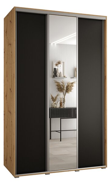 Šatní skříň s posuvnými dveřmi a zrcadlem DAVOS 160cm | DUB Artisan / černá / stříbrné