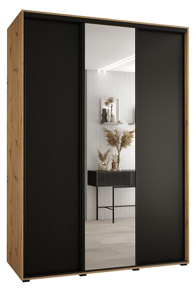 Šatní skříň s posuvnými dveřmi a zrcadlem DAVOS 170cm |DUB Artisan / černá / černé pojezdy