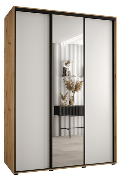 Šatní skříň s posuvnými dveřmi a zrcadlem DAVOS 170cm | DUB Artisan / bílá / černé pojezdy