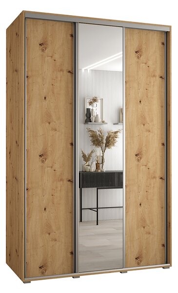 Šatní skříň s posuvnými dveřmi a zrcadlem DAVOS 160cm | DUB Artisan / stříbrné pojezdy