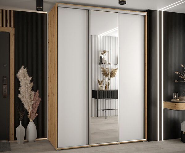 Šatní skříň s posuvnými dveřmi a zrcadlem DAVOS 170cm | DUB Artisan / bílá / stříbrné