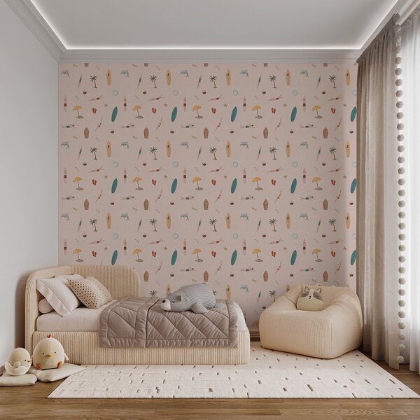 Tapety Plavci, delfín, palma a surfové prkno na béžovém pozadí, Tapety jedinečné, a01275 : uwalls.cz