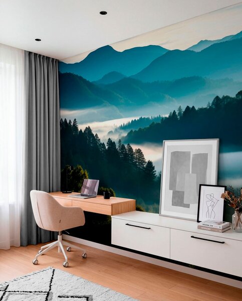 Fototapety Horská krajina s mlhou a lesy za úsvitu, Fototapety příroda, w05573 : uwalls.cz
