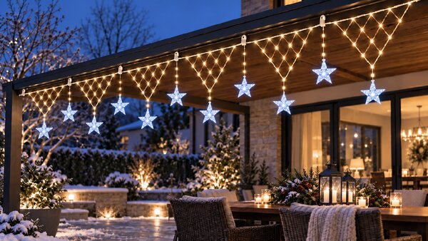 Vánoční LED světelný závěs s hvězdami – síť, 196 LED, teplá bílá, záblesky, časovač