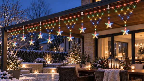 Vánoční LED světelný závěs s hvězdami – 196 LED, různobarevný, 8 programů, časovač