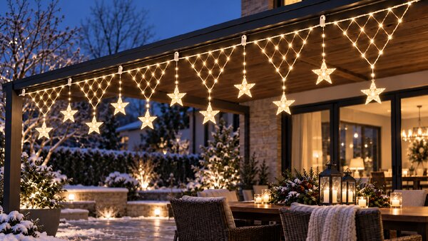 Vánoční LED světelný závěs s hvězdami – 196 LED, teplá bílá, 8 programů, časovač