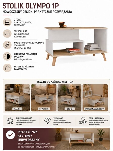 TP Living Konferenční stolek Olympo 90 cm bílý/dub Artisan