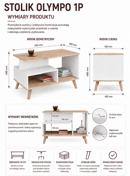 TP Living Konferenční stolek Olympo 90 cm bílý/dub Artisan