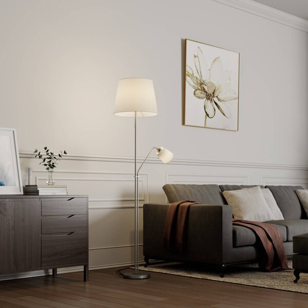 Lindby Stojací lampa Nantwin, 175 cm, bílá, nikl, textil, Bílá / opál, Obývací pokoj / jídelna, Textil / tkanina / hedvábí, Moderní, Lampička na čtení