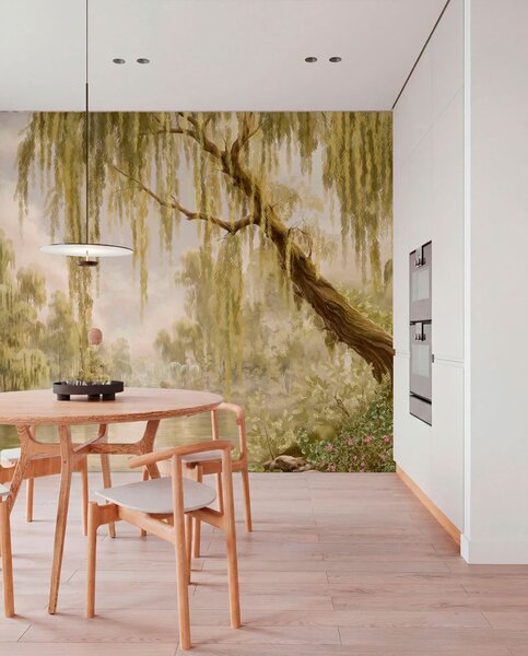 Fototapety Sluncem zalitá scéna s vrbami u klidného rybníka, Fototapety příroda, w05631v1 : uwalls.cz