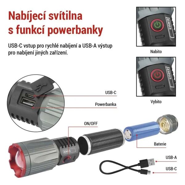 EMOS LED nabíjecí kovová svítilna 3000lm, 5000mAh P3122