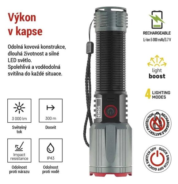 EMOS LED nabíjecí kovová svítilna 3000lm, 5000mAh P3122