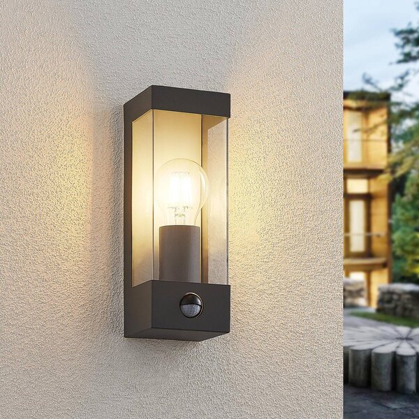 Lindby Venkovní nástěnné svítidlo Tilian, senzor, výška 25 cm, antracitová barva, stmívatelný, Hliník / šedá / zinek, Nerezová ocel, Moderní