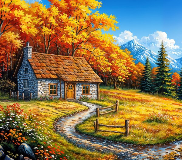 Obraz na plátně - Kamenná chatka skrytá podzimním lesem FeelHappy.cz Velikost obrazu (šířka x výška): 60 x 20 cm
