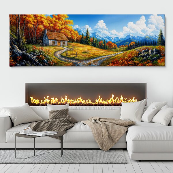 Obraz na plátně - Kamenná chatka skrytá podzimním lesem FeelHappy.cz Velikost obrazu (šířka x výška): 60 x 20 cm