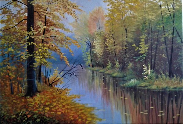Ručně malovaný obraz od Miloslav Teplý - "Podzimní řeka", rozměr: 120 x 90 cm