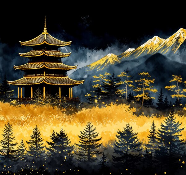 Obraz na plátně - Japonský chrám Majito v tyrkysových lesích FeelHappy.cz Velikost obrazu (šířka x výška): 60 x 20 cm