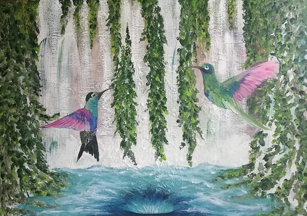 Ručně malovaný obraz od Zdenka Ševcová Dovjaková - "Kolibríky", rozměr: 85 x 60 cm