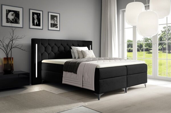 Vysoká manželská postel 200x200 ELIANE s LED osvětlením - černá + topper ZDARMA