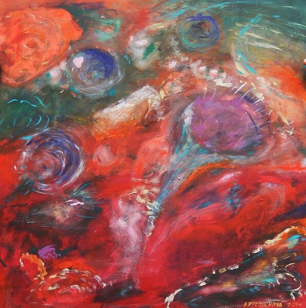Ručně malovaný obraz od Ivana Pelouchová - "Červená rapsodie", rozměr: 100 x 100 cm
