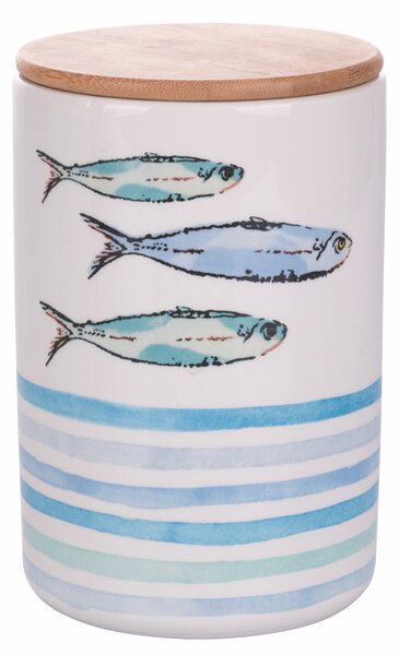 VILLA D’ESTE HOME TIVOLI Designová dóza s bambusovým víkem Paranza, keramika, bíla/modrá, dekor ryby, 870 ml