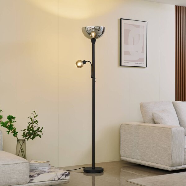 Lindby Stojací lampa Nehemia, černá, sklo, světlo na čtení, 185 cm, Černá, Obývací pokoj / jídelna, kov, Moderní, Lampička na čtení