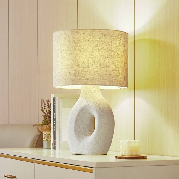 Lindby Stolní lampa Thalassia, bílá, Ø 30 cm, keramika, Bílá / opál, Obývací pokoj / jídelna, Textil / tkanina / hedvábí, Skandinávský