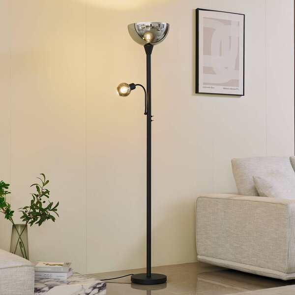 Lindby Stojací lampa Nehemia, černá, sklo, světlo na čtení, 185 cm, Černá, Obývací pokoj / jídelna, kov, Moderní, Lampička na čtení