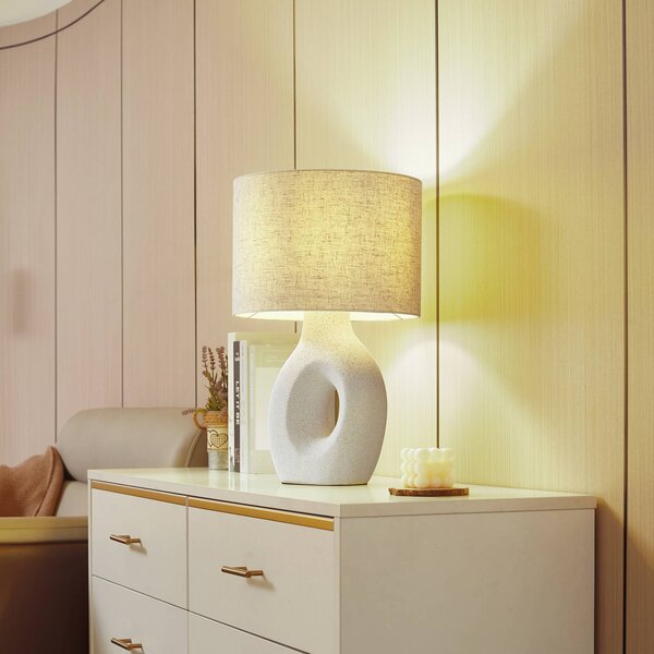 Lindby Stolní lampa Thalassia, bílá, Ø 30 cm, keramika, Bílá / opál, Obývací pokoj / jídelna, Textil / tkanina / hedvábí, Skandinávský