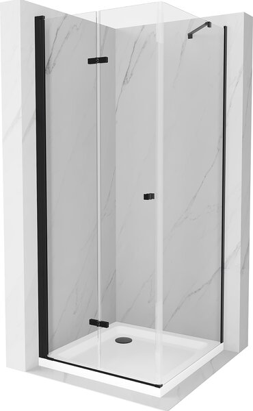 Mexen Lima, sprchový kout se skládacími dveřmi 70 (dveře) x 70 (stěna) cm, 6mm čiré sklo, černý profil + slim sprchová vanička bílá s černým sifonem, 856-070-070-70-00-4010B